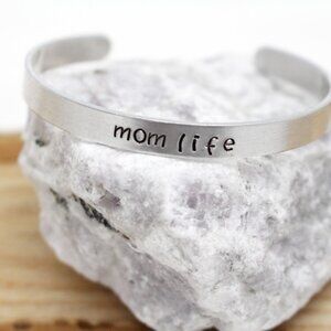 Mom Life - Hand Stamped Anodized Aluminum Bangle - Adjustable